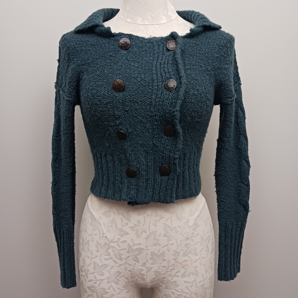 Free People Womens Sweater Cardigan Fitted Crop Button Double Breast Blue Small